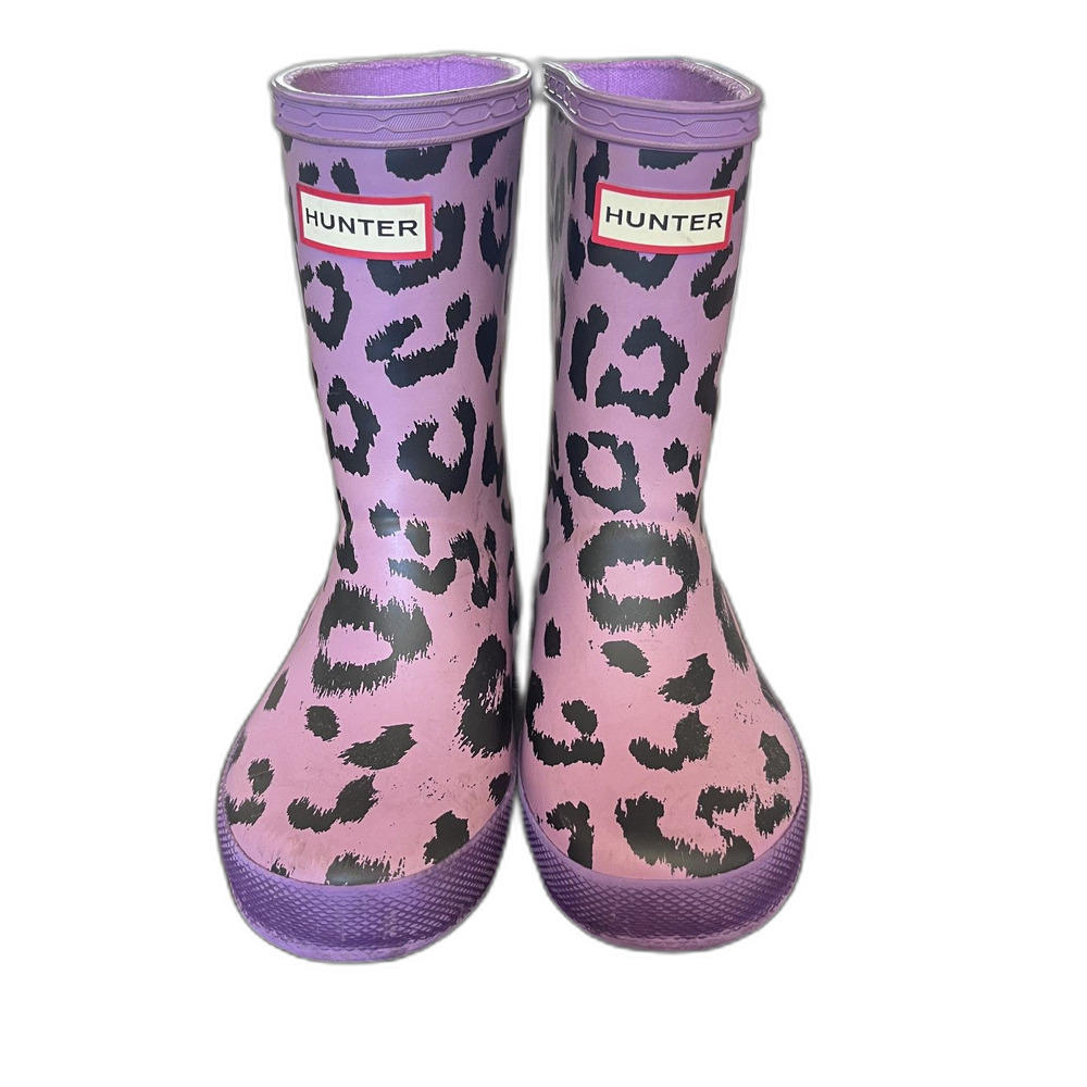 Hunter Kids First Classic Leopard Rain Boots Purple Black Girls Size 8